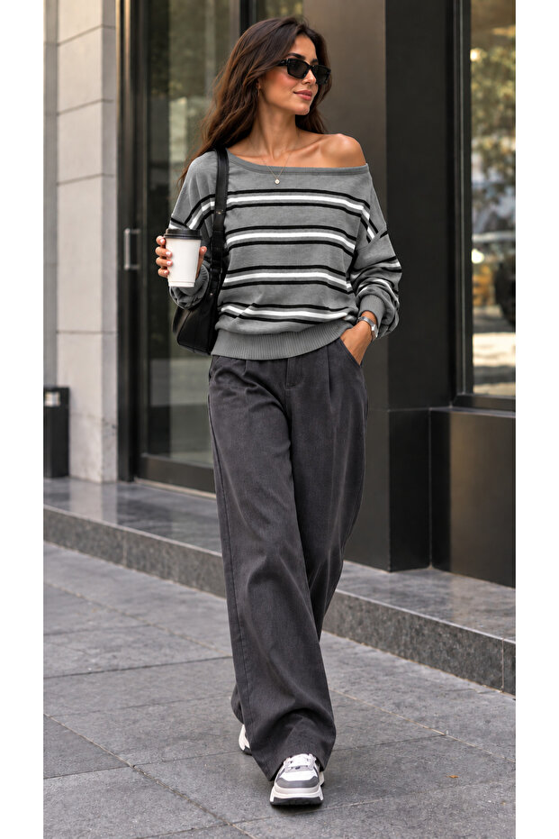 Women's Slim Mercerized Asymmetrical Cut Boat Neck Knitwear Sweater