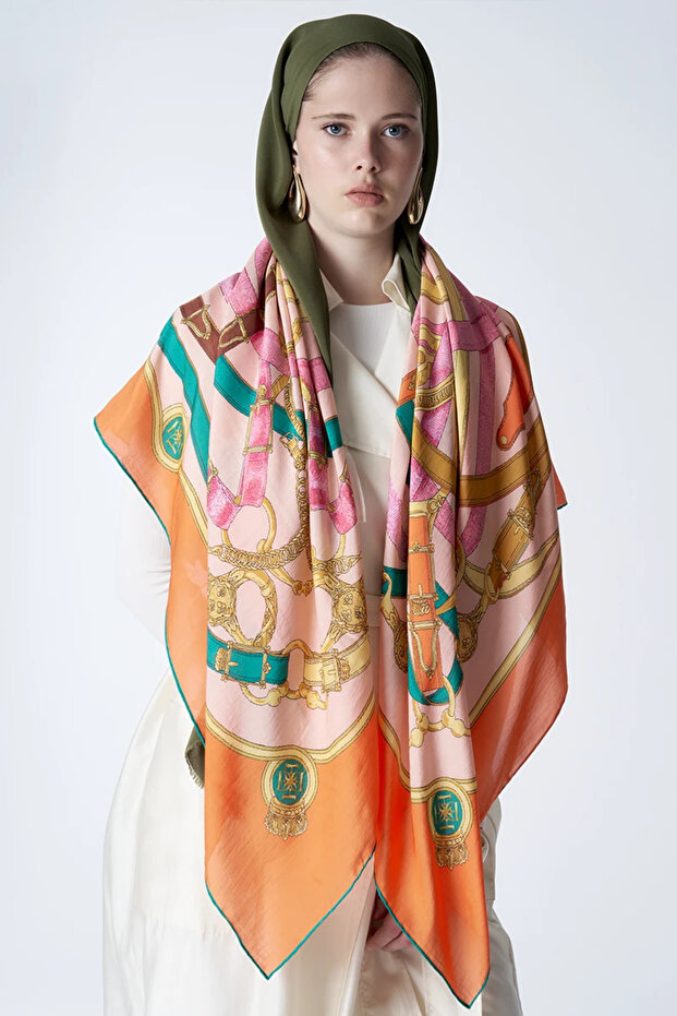 Viscose Silk Shoulder Shawl Belt Pattern - Orange
