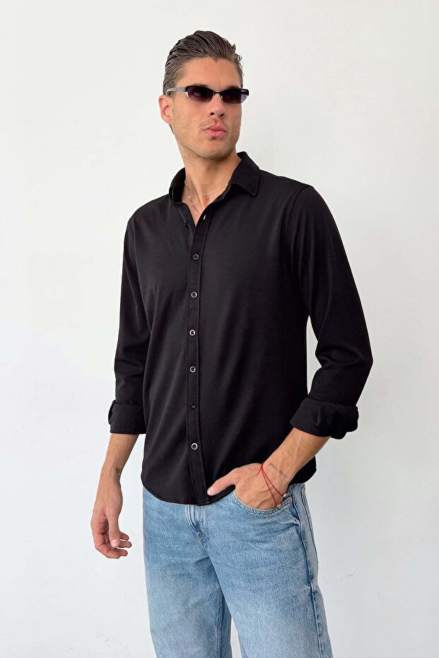 Men's Long Sleeve Seersucker Fabric Shirt Black - 70067