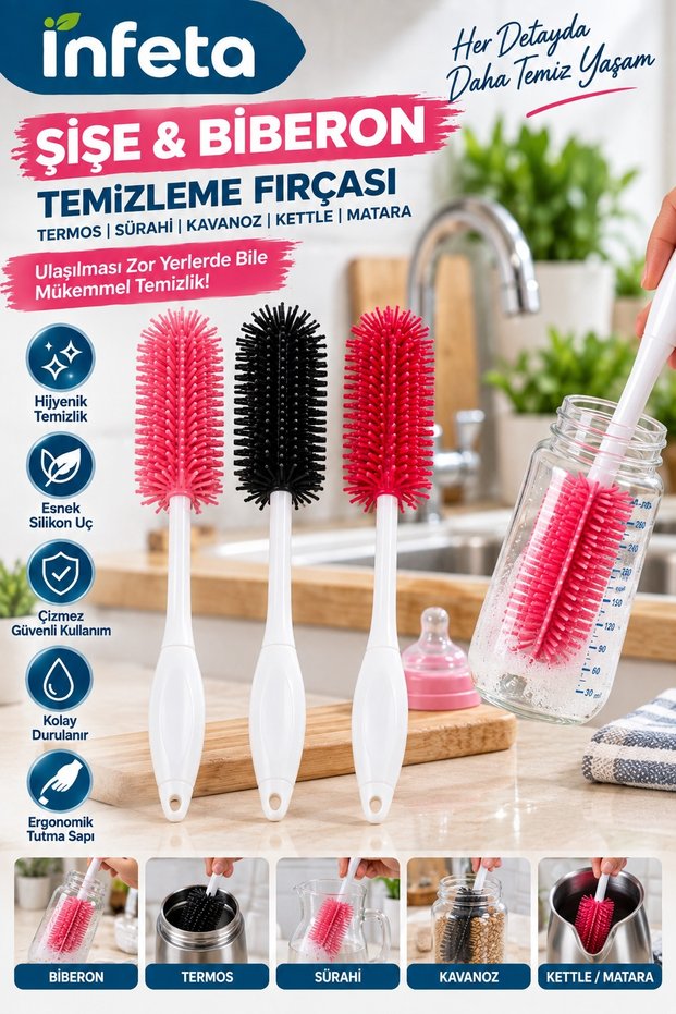 Silicone Bottle & Baby Bottle Cleaning Brush Long Handle Thermos Flask Jug Brush