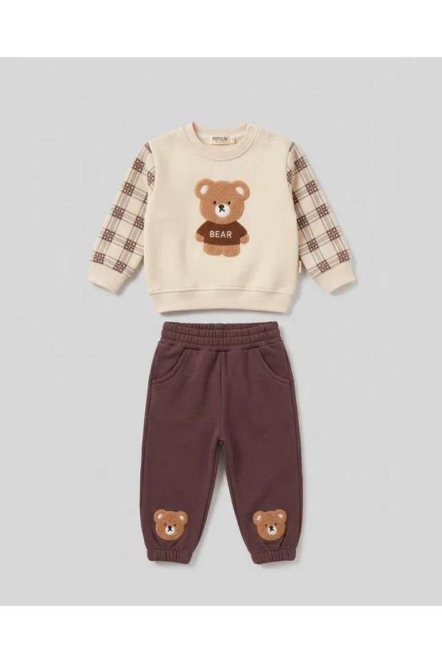 2-Piece Baby Boy Bear Embroidered Cotton 3-Threaded Baby Set 6-9-9-12 12-18-24 Months Top and Bottom 2-Piece Newborn Baby Set Winter Set