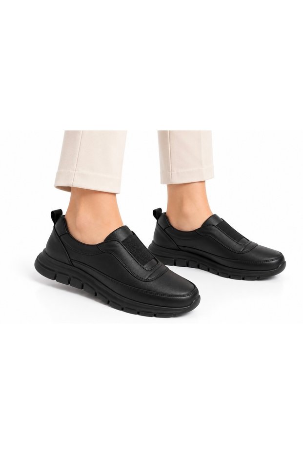 Yc 703 Women's Black Genuine Leather Orthopedic Rubber Detailed Daily Comfortable Soft Shoes