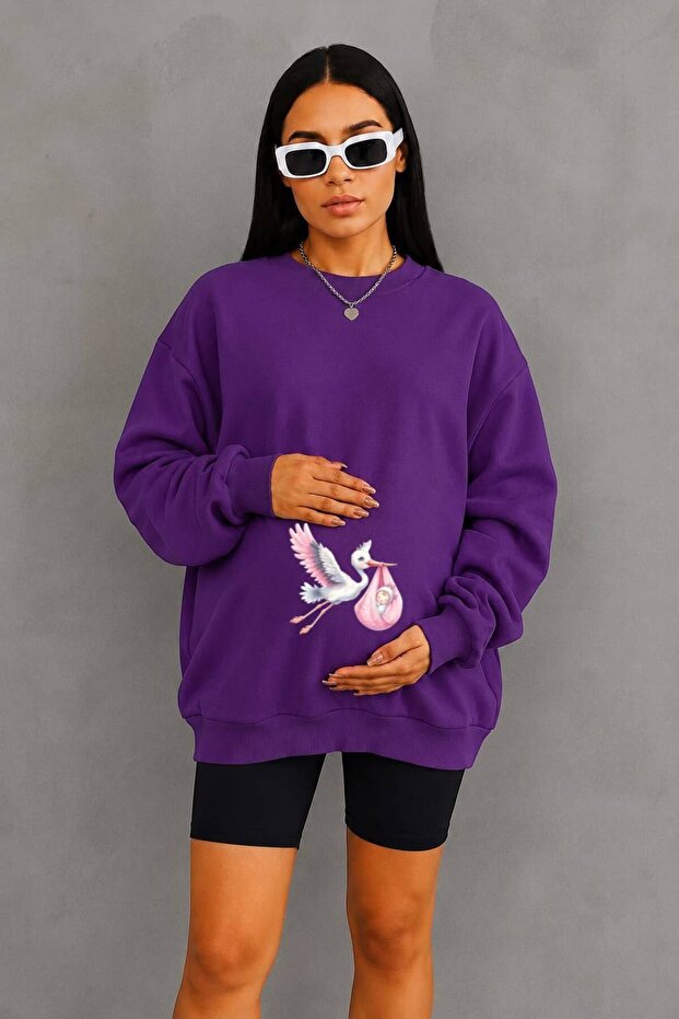 3 Yarn Combed Cotton Baby-Praying Stork Printed Maternity Sweatshirt Jw1