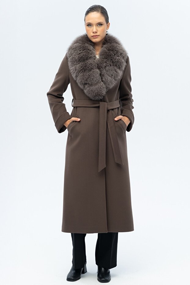 Detachable Fur Belted Long Cashmere Coat Duman 3133-Tk