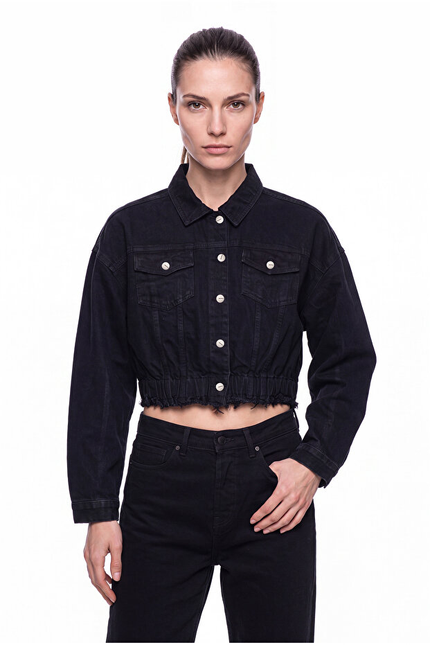 Women's Crop Oversize Distressed Jean Jacket Black