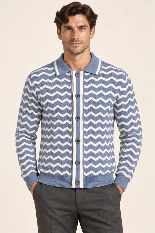 Men's Polo Collar Zigzag Patterned Buttoned Knitwear Cardigan Acrylic Blend Slim Fit