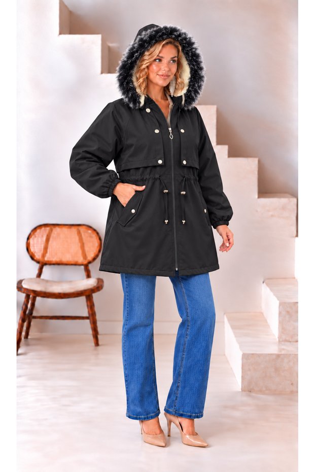 Women's Plus Size Hooded Fur Inside and Snap Detailed Front Winter Thick Coat 25061