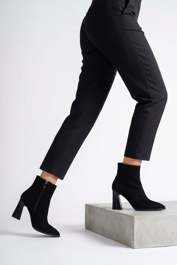 Muder Pointed Toe Mid-Stitched Women's Heeled Boots Black Suede