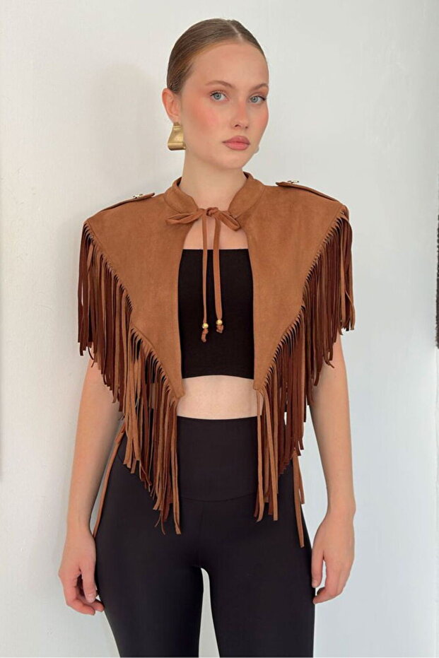 Women's Epaulet Detailed Tasseled Short Poncho