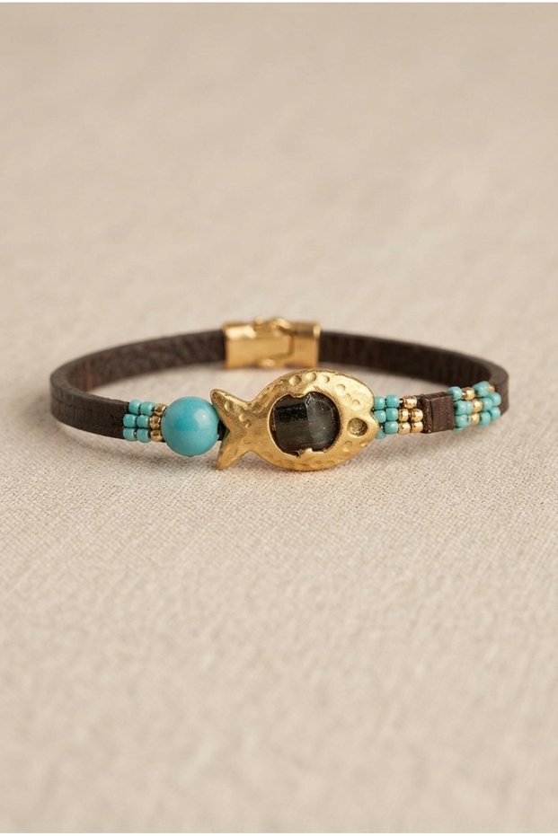 Handmade Leather Cord Bracelet with Fish and Blue Bead Detail, Special Design