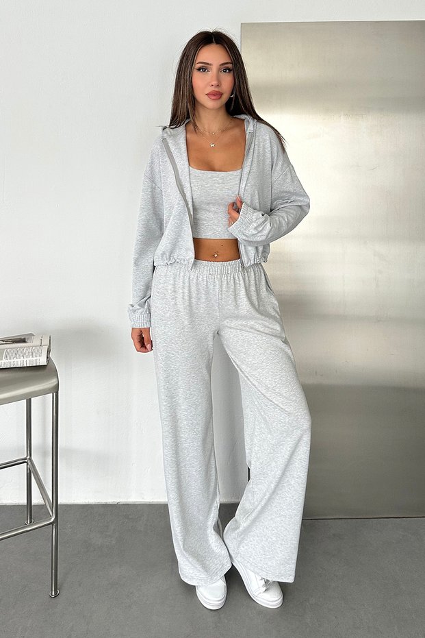Women's Zippered Cardigan Crop Tank Top Wide Leg Pants 3-Piece Set