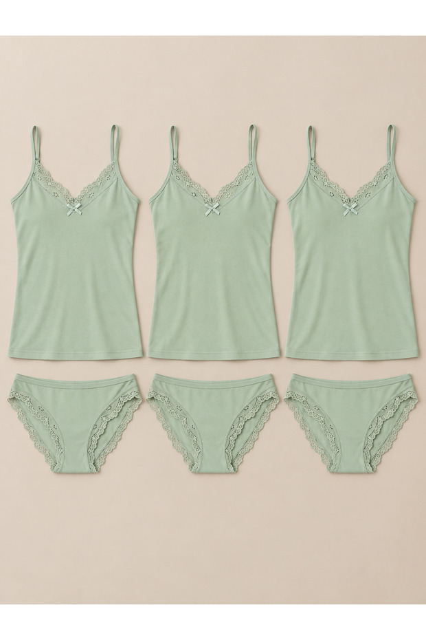 3-Piece Women's Lace Rope Strap Cotton Athlete Panties Underwear Set Green