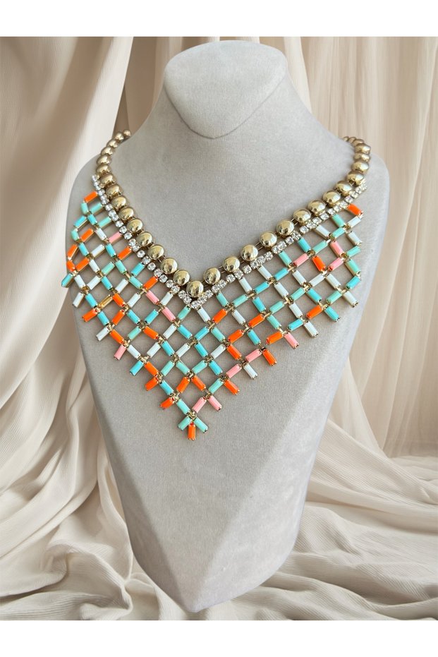 Brand Model Multi-Colored Stick Mosaic Patterned V-Cut Necklace