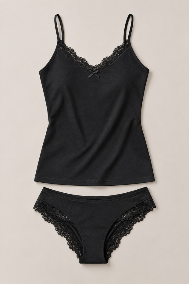 Women's Lace Rope Strap Cotton Athlete Panties Underwear Set Black