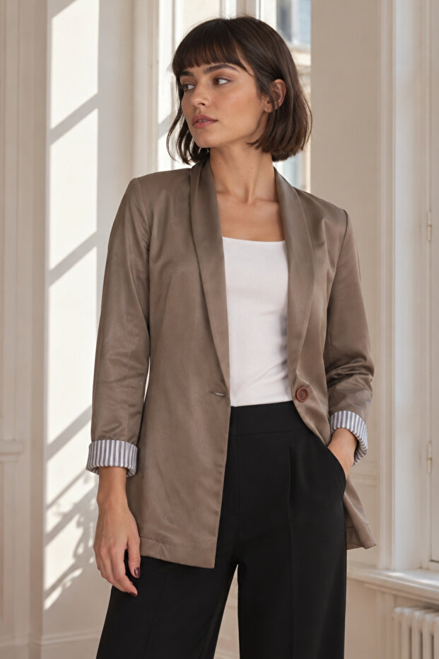 Women's Khaki In-Sleeve Striped Single Button Jacket Arm-27K001026
