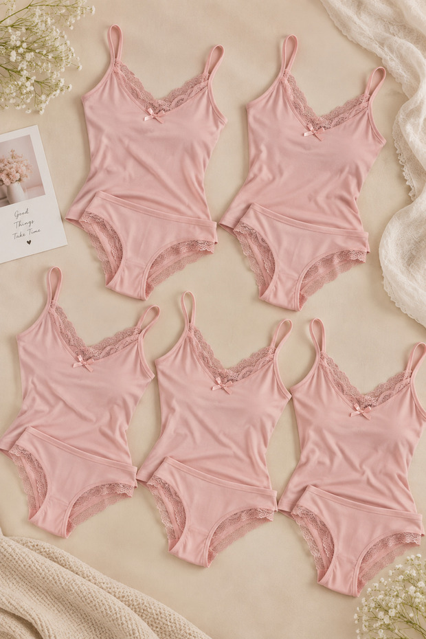 5-Piece Women's Lace Rope Strap Cotton Athlete Panties Underwear Set Powder