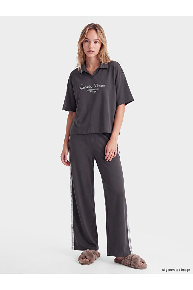 Alita City with a Difference in Price, Lcw Young Anthracite Ribbed Printed Short Sleeve Women's Pajama Set