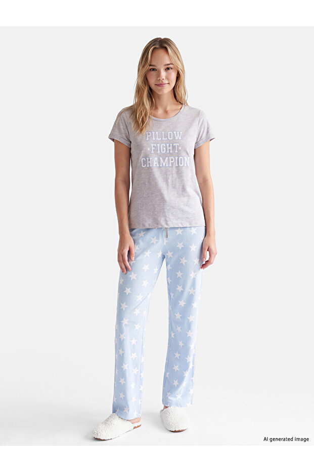 Two Mt Shop Quality Lcw Dream Blue Combed Cotton Printed Short Sleeve Women's Pajama Set