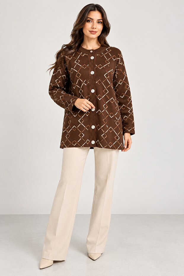 Women's Geometric Patterned Buttoned Long Knitwear Jacket