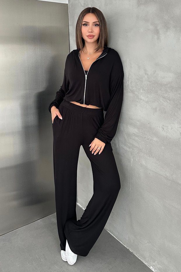 Women's Zippered Cardigan Crop Tank Top Wide Leg Pants 3-Piece Set