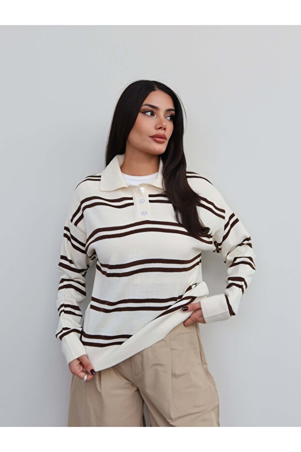 Striped Button Detail Knitwear Sweater