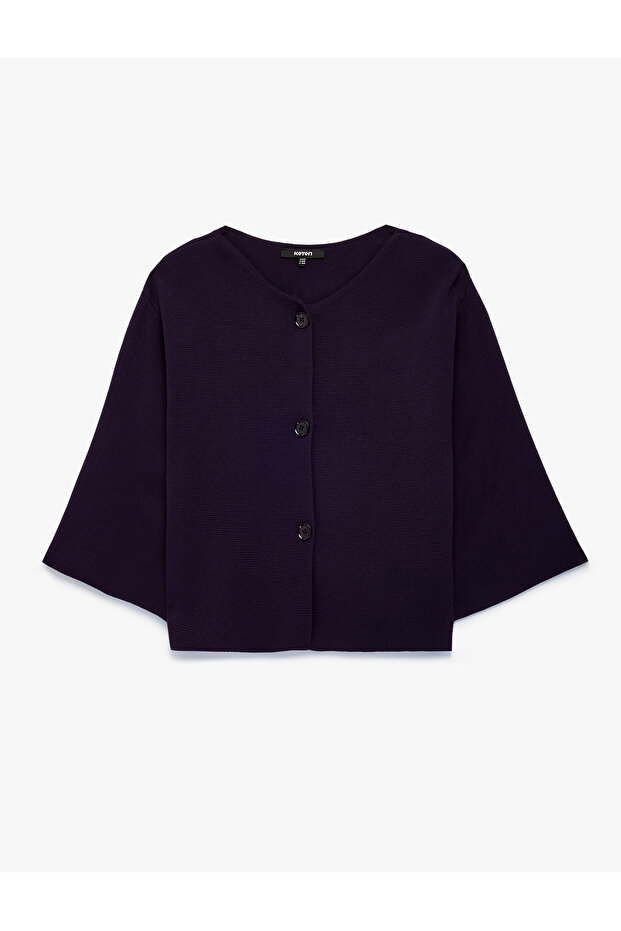 Buttoned 3/4 Wide Sleeve Round Neck Knitwear Cardigan