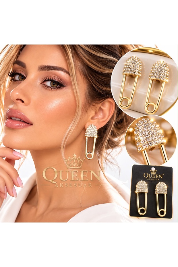 Gold Gold-Colored Safety Pin Design with Crystal Stone Dangle-Studded Women's Pendant Earrings