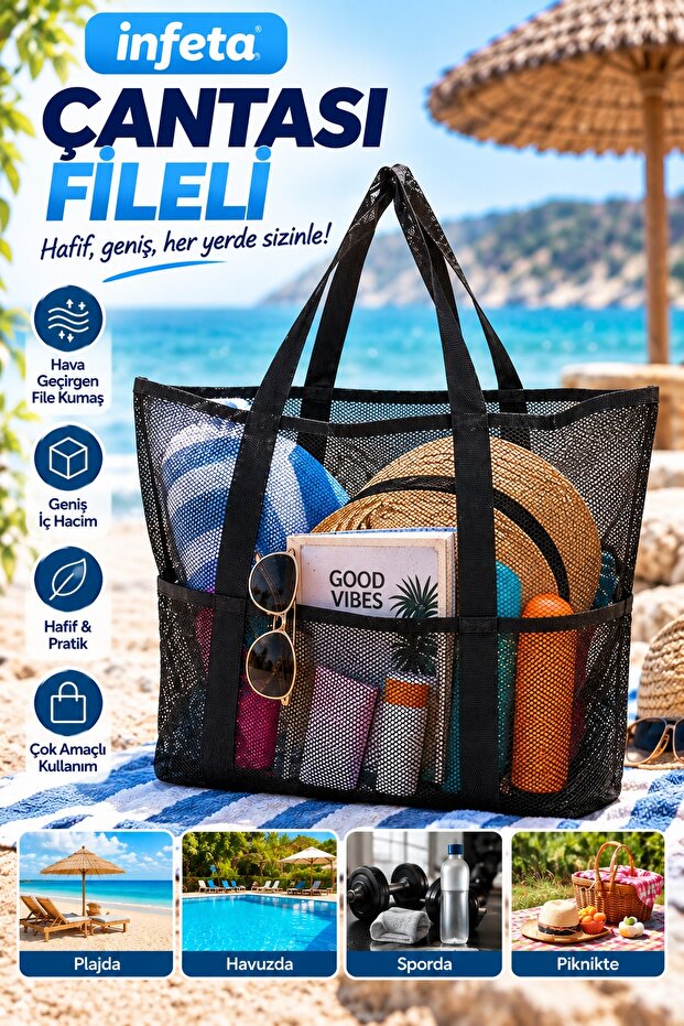 Black Mesh Beach Bag with Large Volume Pockets and Shoulder Strap, Sea Pool Picnic Bag