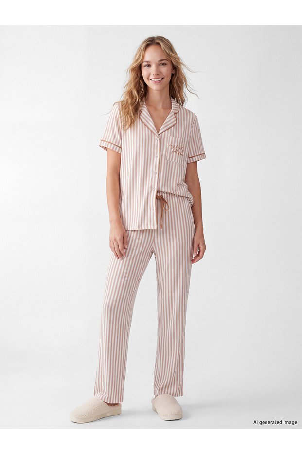 Two Mt Shop Quality Lcw Dream Beige Combed Cotton Striped Short Sleeve Women's Pajama Set