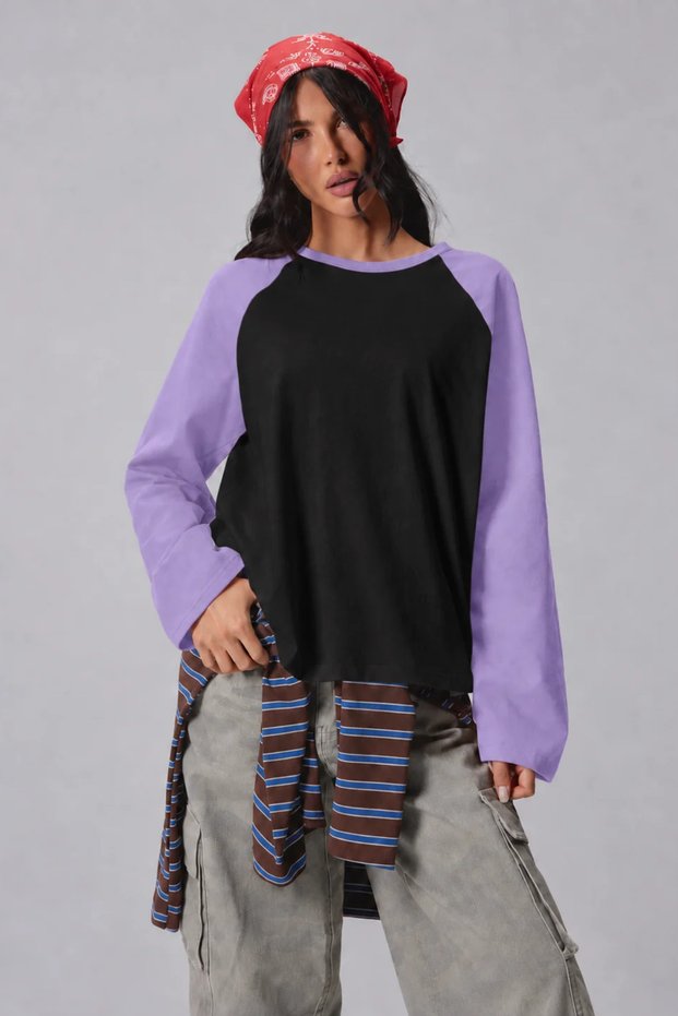 Women's Oversize Contrast Sleeve Raglan Crew Neck Drop Shoulder T-Shirt