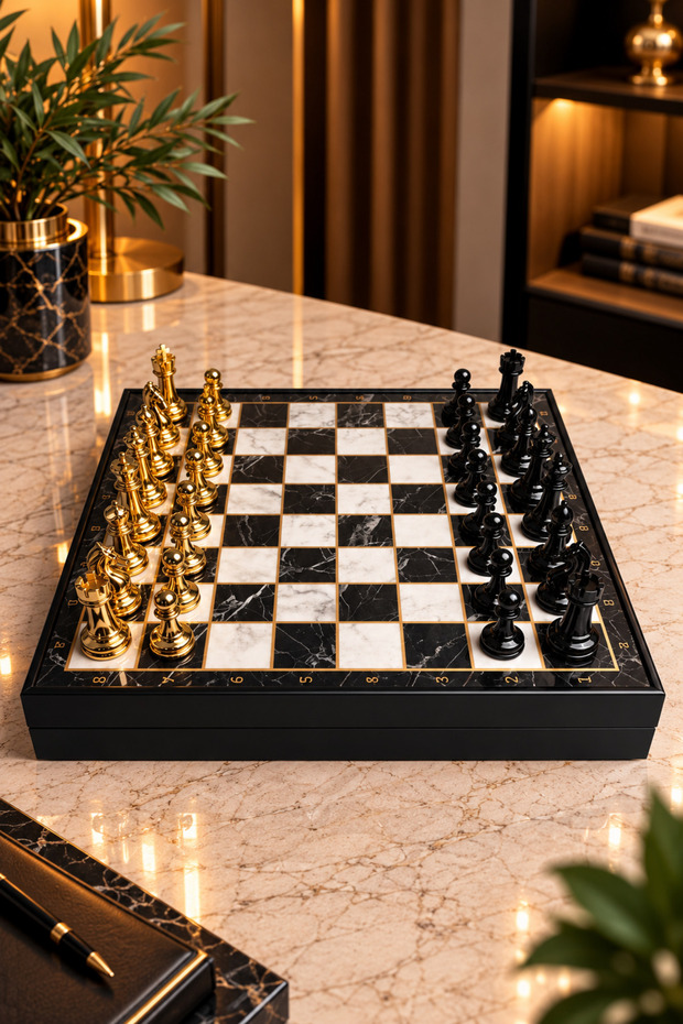 Premium Large Size Box Chess Set Wooden Chess with Black-Gold Metal Pieces, Gift Chess Set Dimensions: 36X36X6 cm