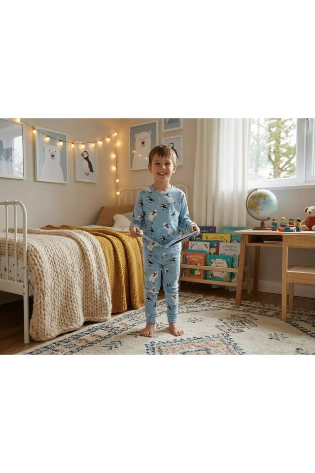 Boy's Pajama Set with Blue Penguin Pattern