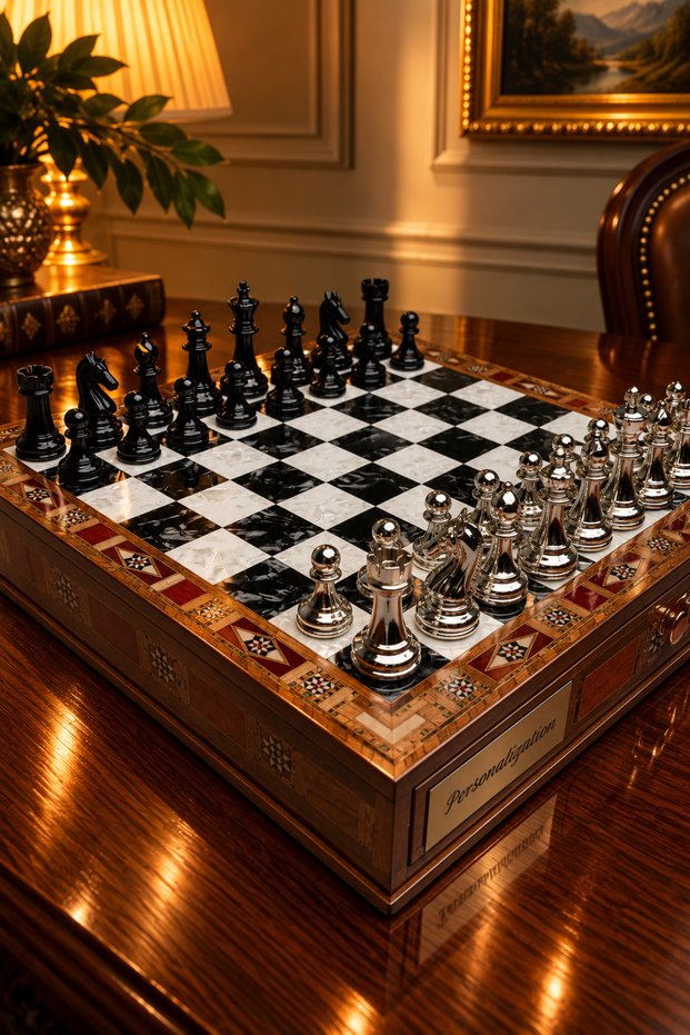 Premium Luxury Chess Set, Black Silver Metal Pieces, Solid Wood Chess, Gift, Chess Set 33 × 33 × 7 cm
