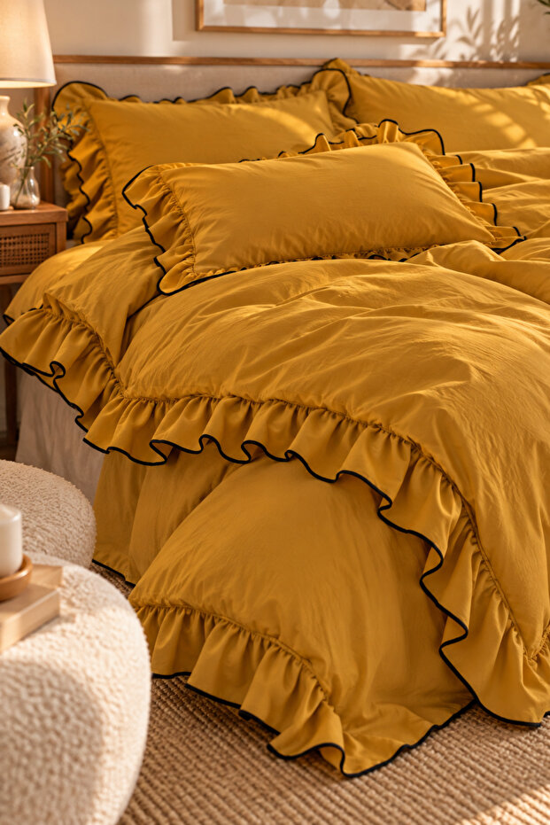 Ruffled 100% Cotton Double Duvet Cover Set Mustard
