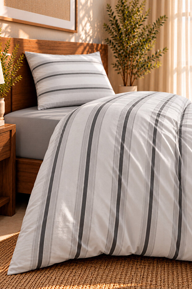 100% Cotton 160 Tc (63 Thread) Single Duvet Cover Set Gray Striped