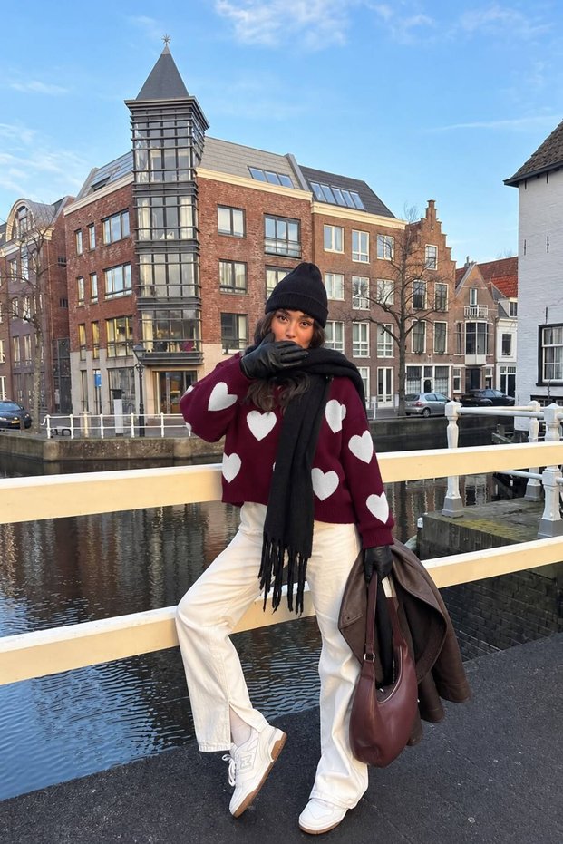 Burgundy Oversized Sweater with Heart Detail