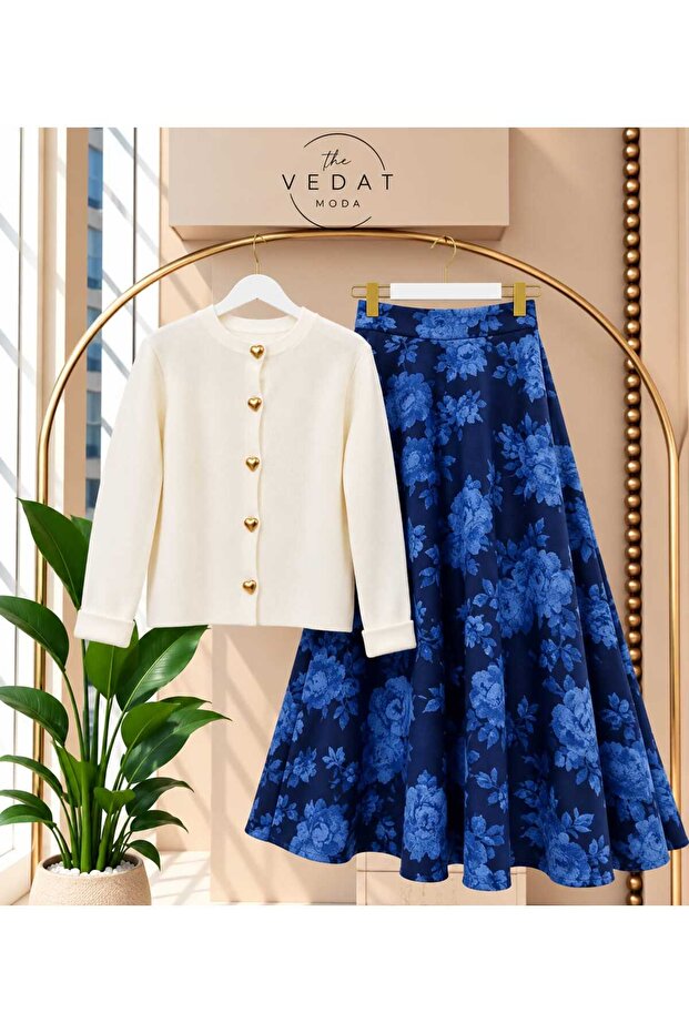 Women's Heart Buttoned Knitwear Cardigan - Patterned Scuba Skirt Set -0500