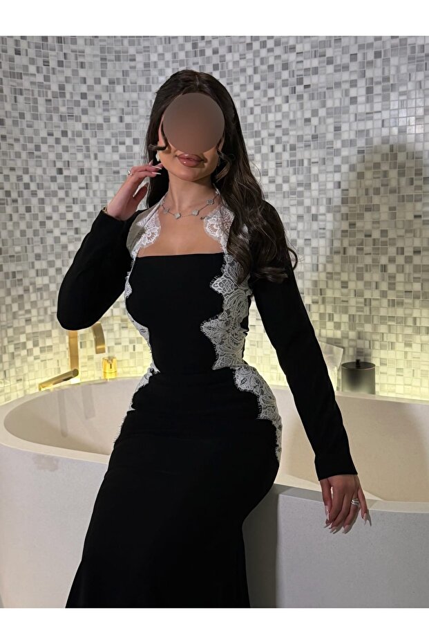 فستان اسود ناعم تدخيلة دانتيل