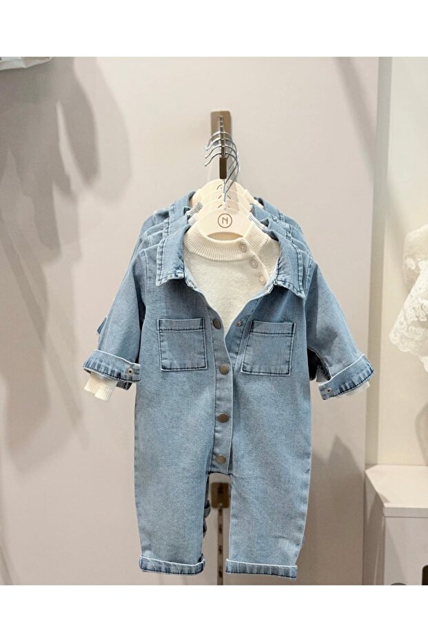 Denim Overalls- 100% Cotton Knitwear Romper Unisex Double Baby Set