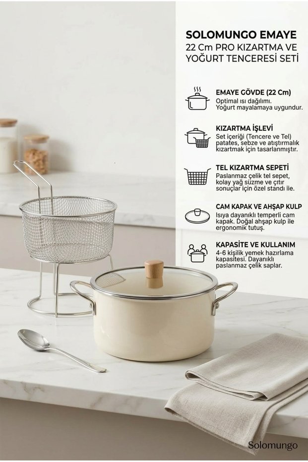 Enamel 22 cm Pro Frying and Yogurt Pot Ivory