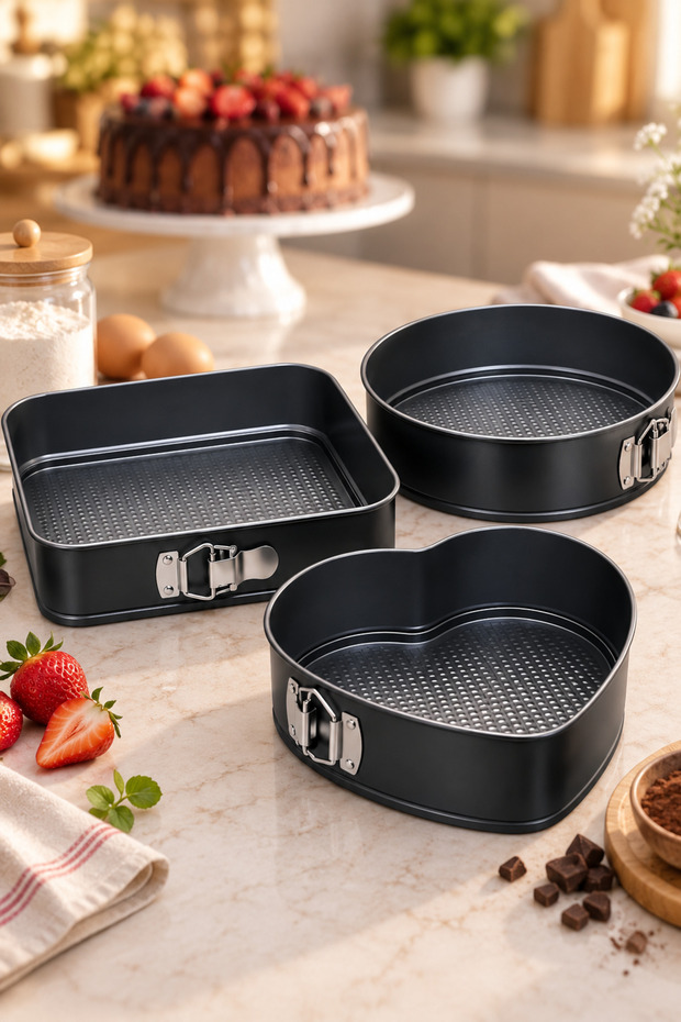 3-Piece Springform Cake Mold Set Heart Round Square Non-Stick Base Cake Mold