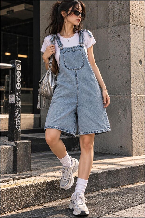 Women's Oversize Denim Salopet Shorts Gardener Overalls