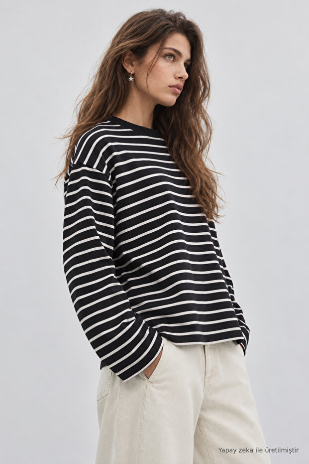 Oversize Striped Knitted Sweatshirt Lrn0079 Black Ecru