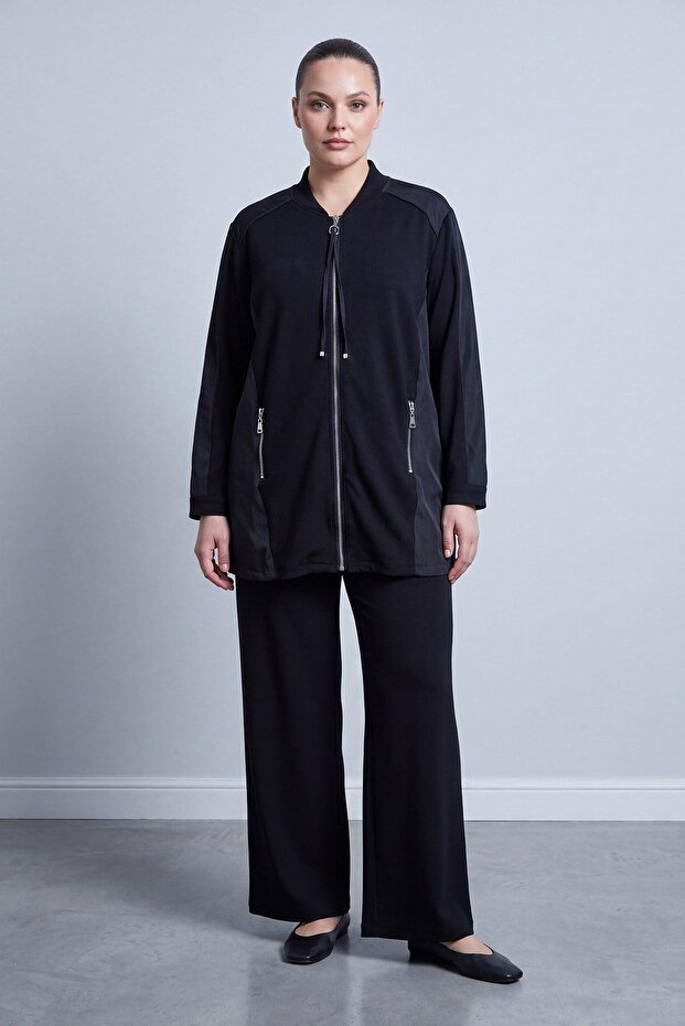 Women's Plus Size Zipper Pocket Jacket Pants Set 19297