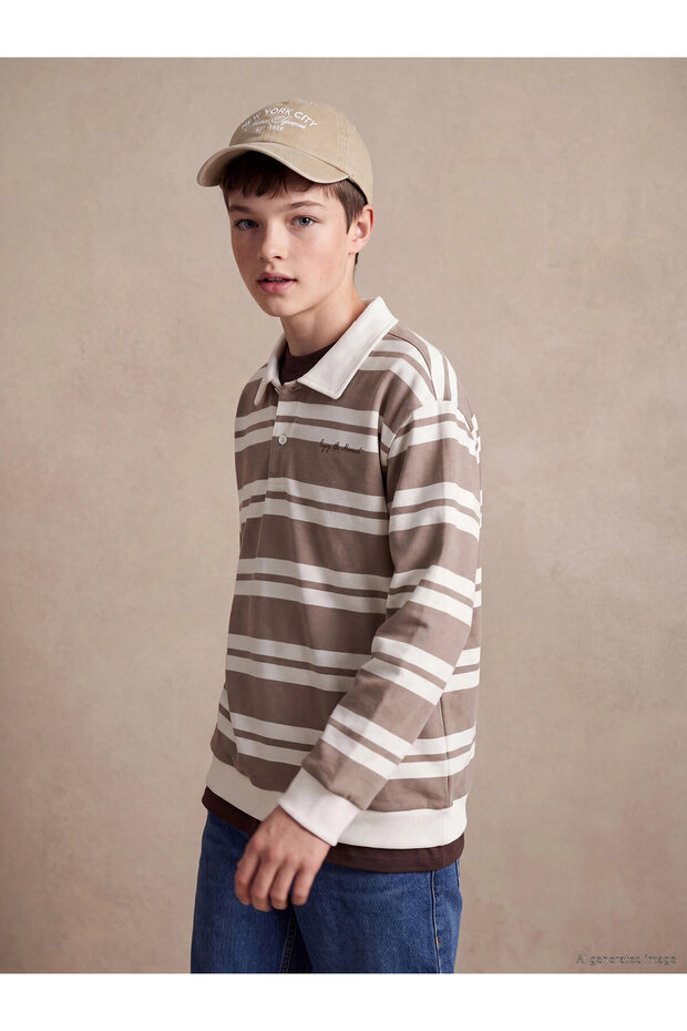 Gray Polo Collar Striped Boys' Sweatshirt - 3 Yarns, Long Sleeves