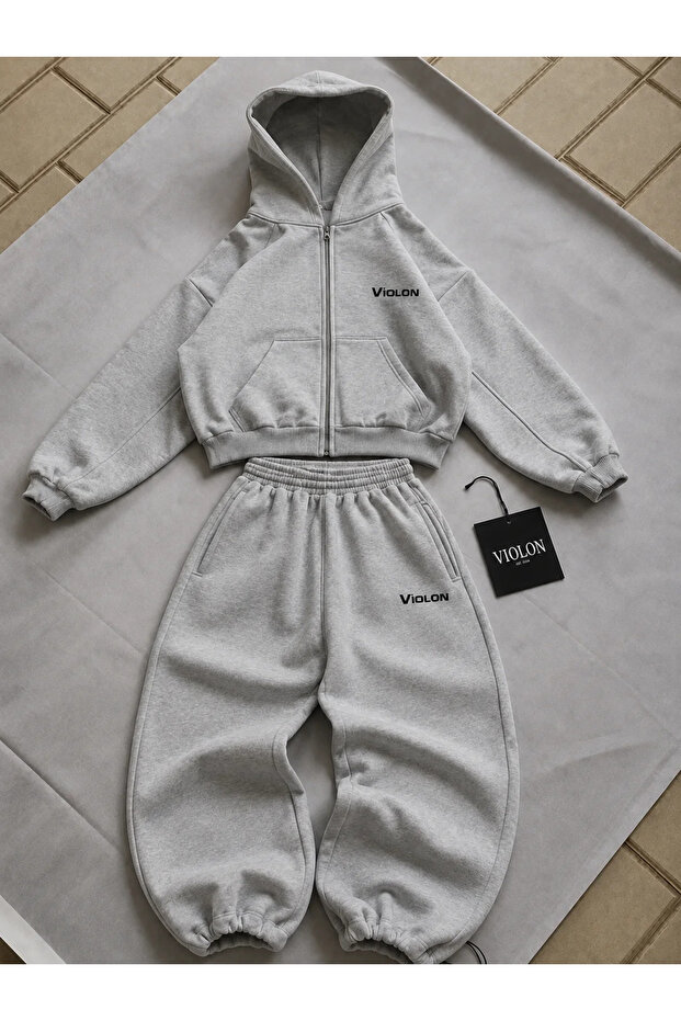 Premium Detailed Baggy Unisex Tracksuit Set Gray