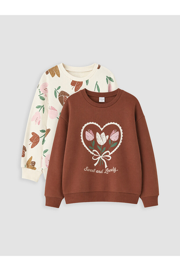 Two Mt Shop Quality Lcw Kids Brown 3 Thread Raster Printed Standard & Regular Girls' Sweatshirt