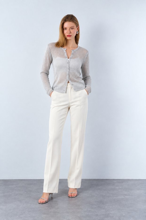 Women's Silver Glitter Openwork Knitwear Cardigan