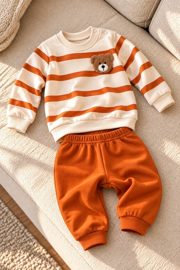Baby Boy Set with Teddy Bear Detail, Striped 2-Piece Top and Bottom Set, Seasonal