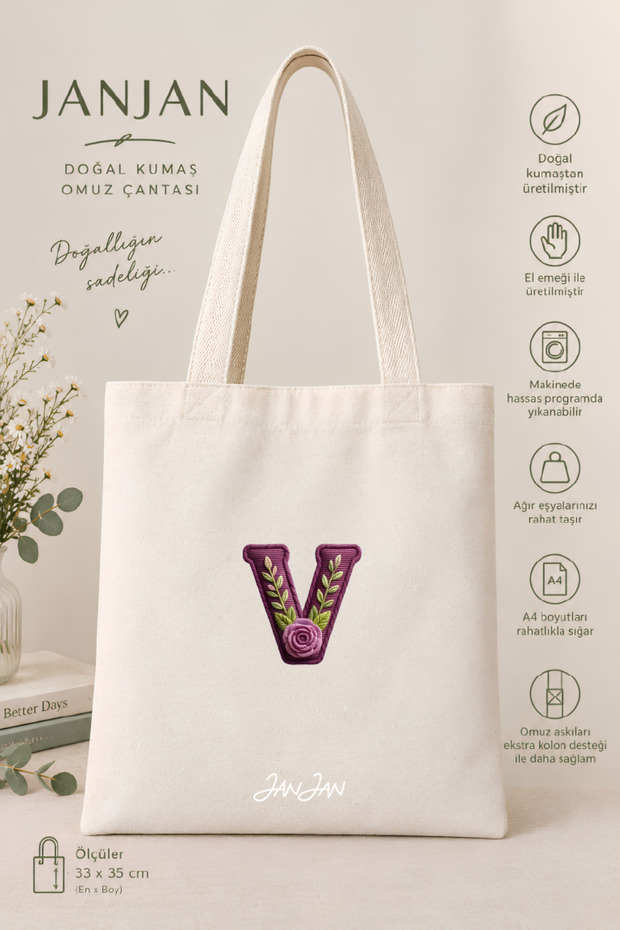 Canvas Tote Shoulder Bag Women's Daily Bag Suitable for A4 Size Handmade Natural Fabric Large Tote Bag Name Printed, Letter Printed Bag